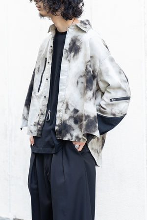 【Licht Bestreben】"Gradient Flower Bleached Denim Twist Sleeve Shirt"