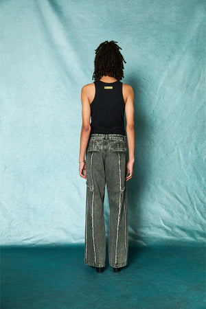 [TAUPE]"CUT OFF ZIP DENIM PANTS"