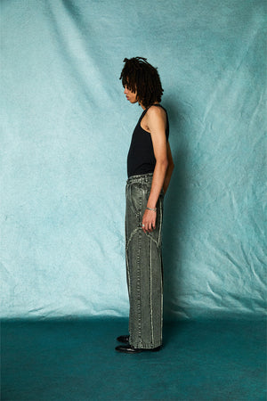 [TAUPE]"CUT OFF ZIP DENIM PANTS"