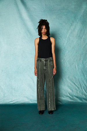 [TAUPE]"CUT OFF ZIP DENIM PANTS"